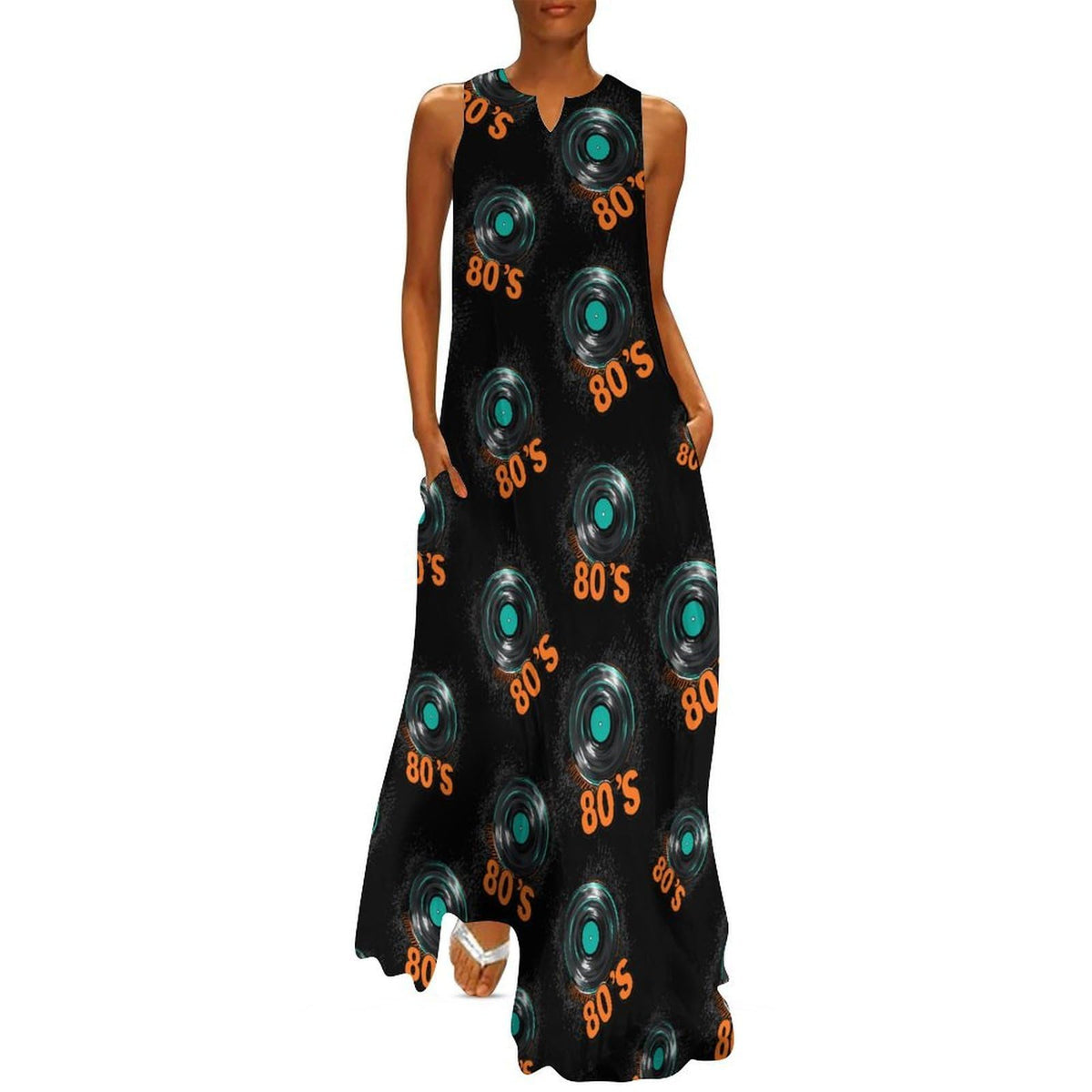 Robe longue maxi de cocktail ample sans manches, col en V, style années 80, avec poches.