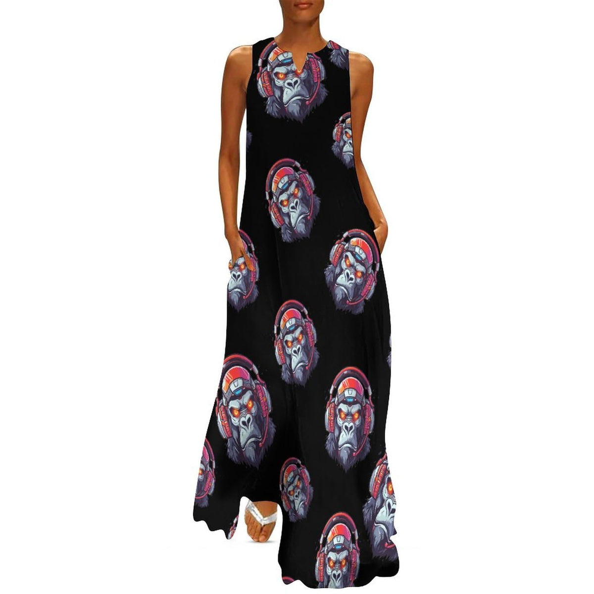 Robe longue maxi de cocktail sans manches pour femme Robo Gorilla, col en V, coupe ample, unie, avec poches