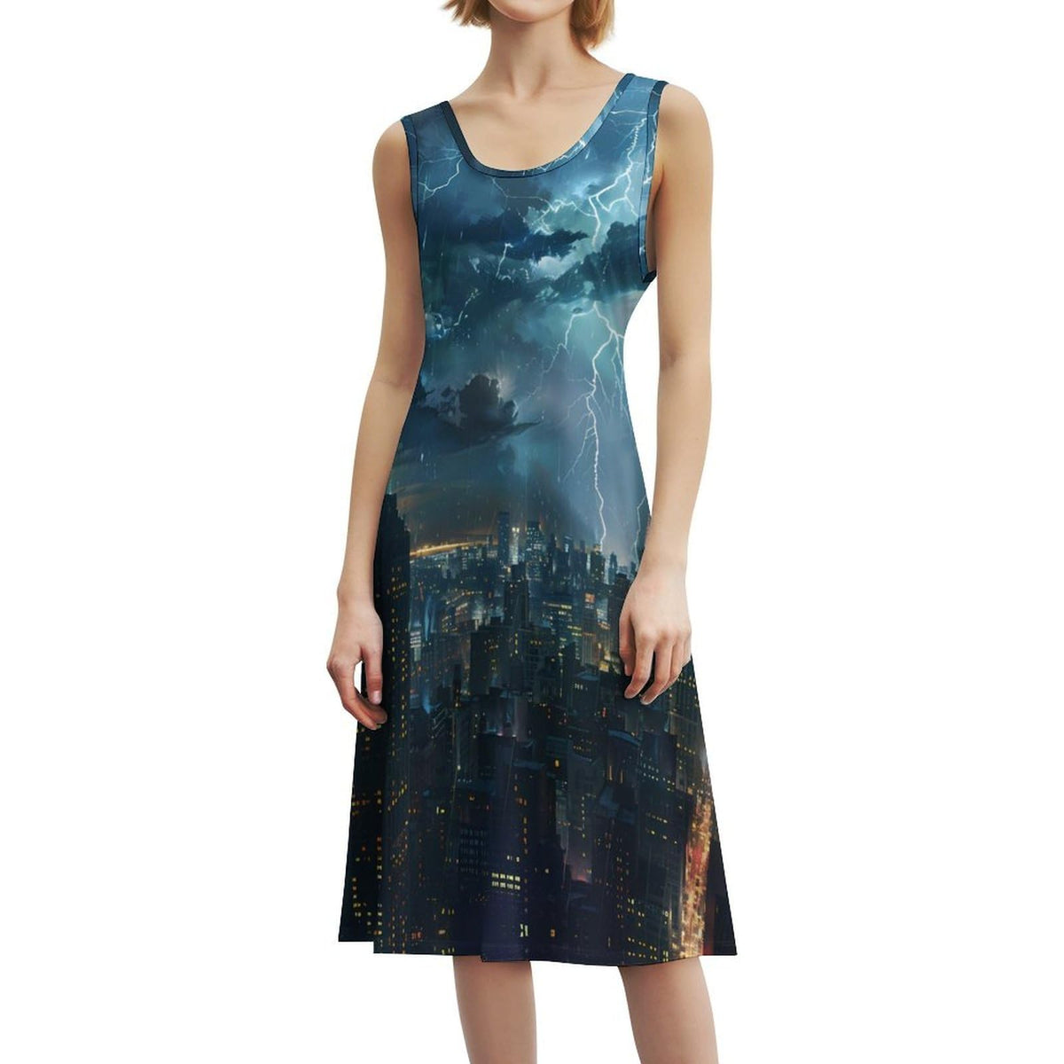 Robe longue maxi sans manches décontractée et amusante pour femme, style « Storm and City Night View », robe débardeur