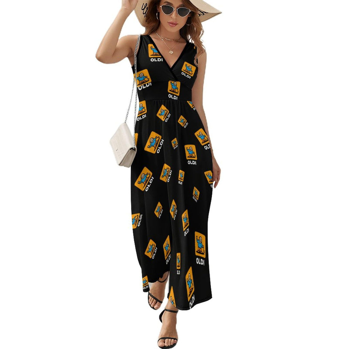 Robe longue sans manches imprimée OLDI pour femme, col en V, style débardeur