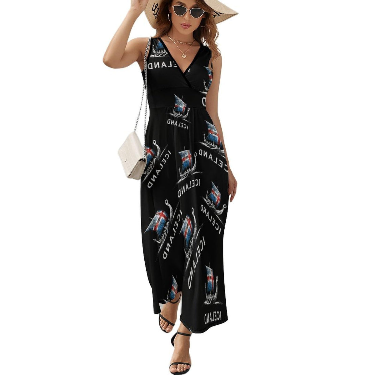 Robe longue d'été sans manches à col en V pour femme, motif drapeau islandais et navire islandais. Robe décontractée d'été.