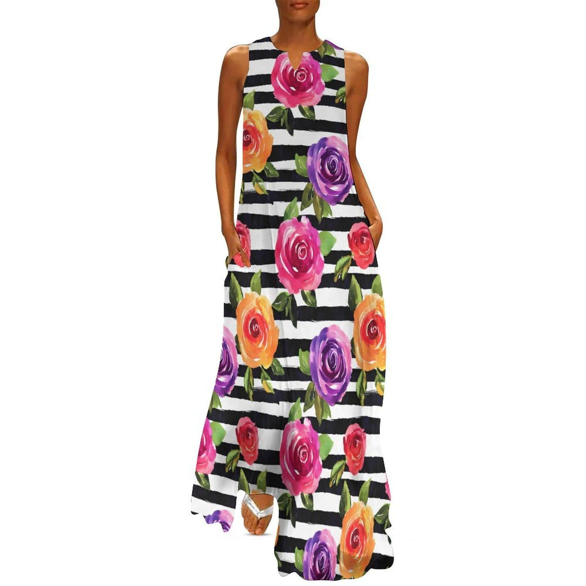 Robe longue maxi ample à manches longues, style cocktail, sans manches, à imprimé floral et rayures aquarelle printanière pour femme, col en V et poches.