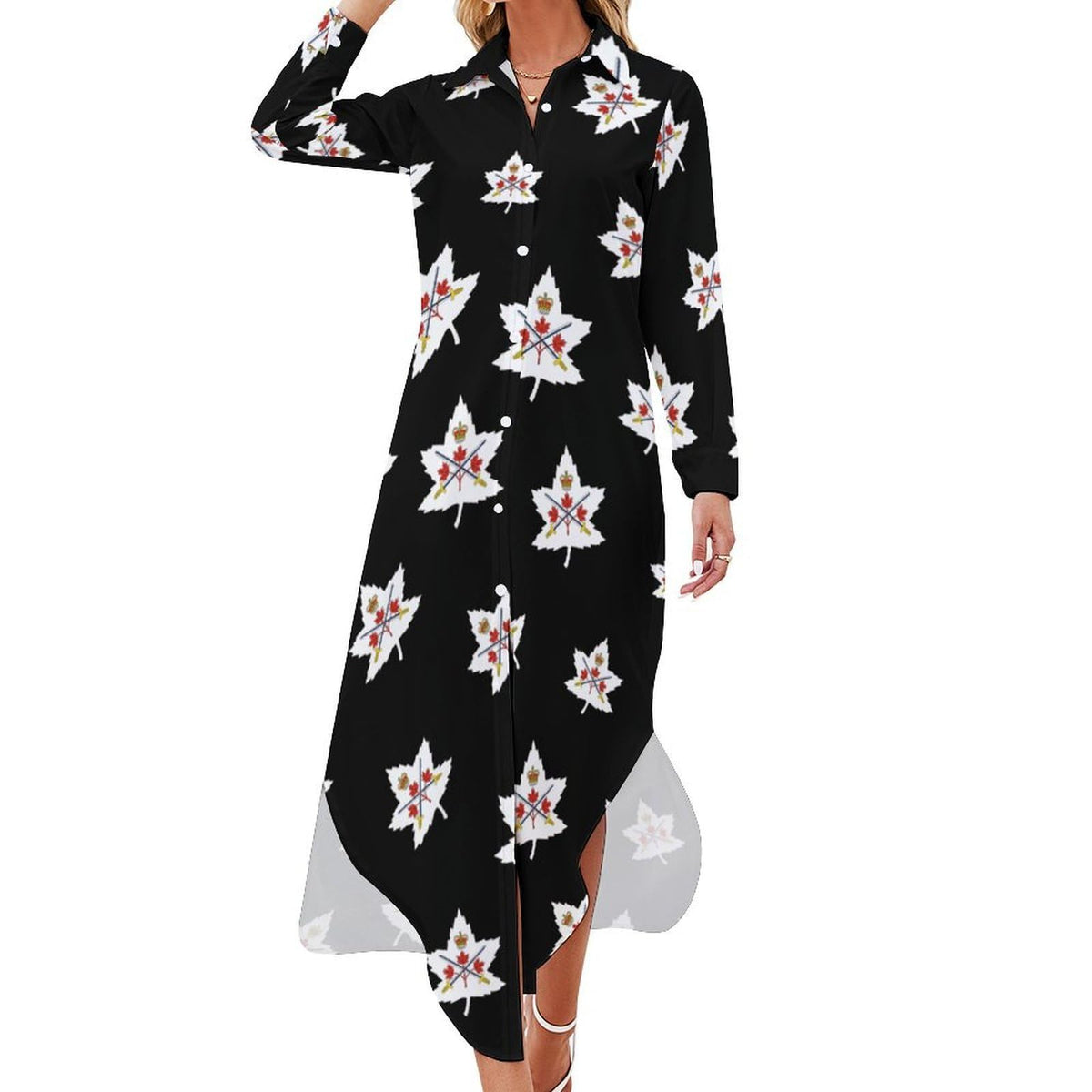 Robe-chemise tendance pour femme avec logo de l'Armée canadienne, manches longues, boutonnée, maxi, robe d'été